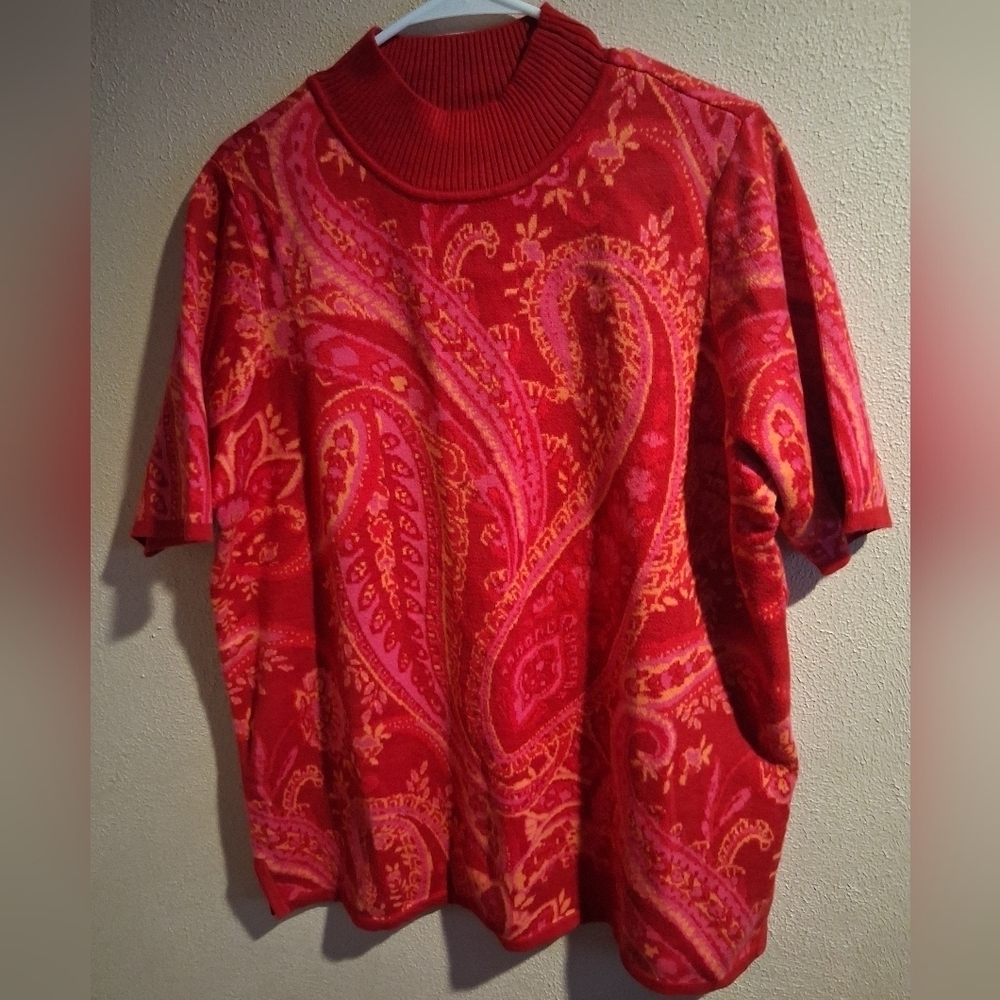 Issac mizrahi Live 1X Mock neck jacquard wine paisley pullover sweater